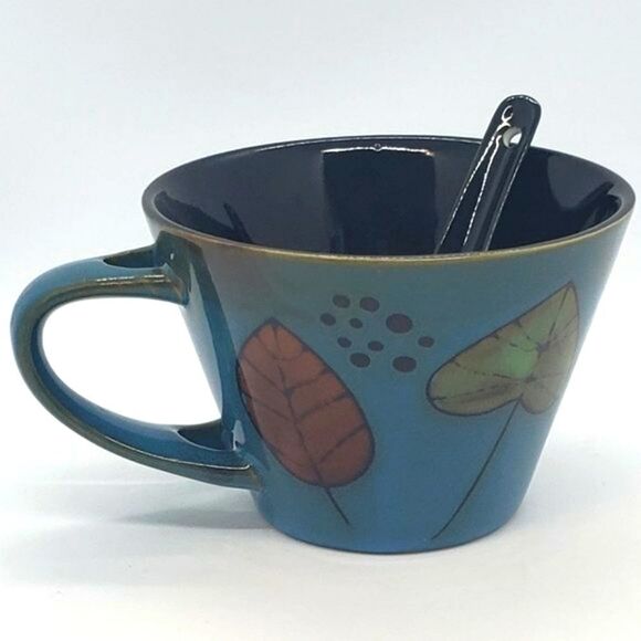 Blue Black Leaf Design Stoneware Soup Mug with Spoon - Picture 8 of 11